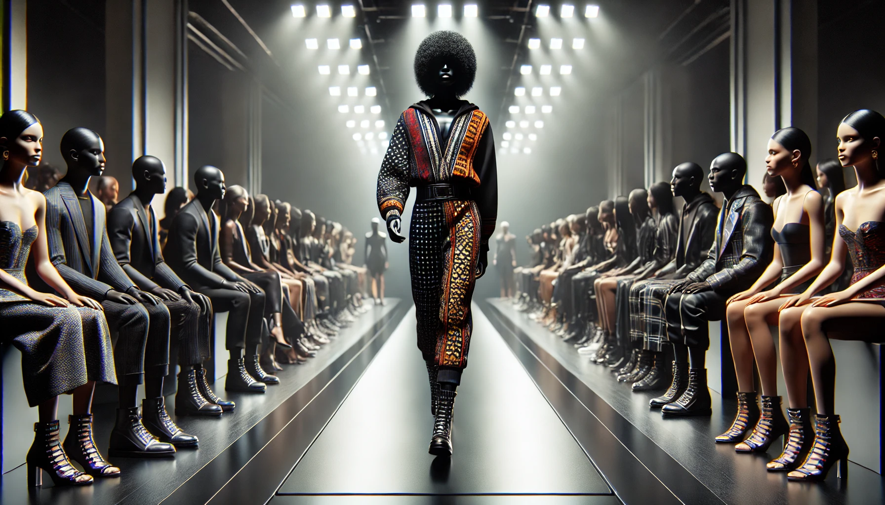 A model confidently struts down the catwalk, showcasing bold and vibrant Black fashion in a stylish, high-end fashion show setting.