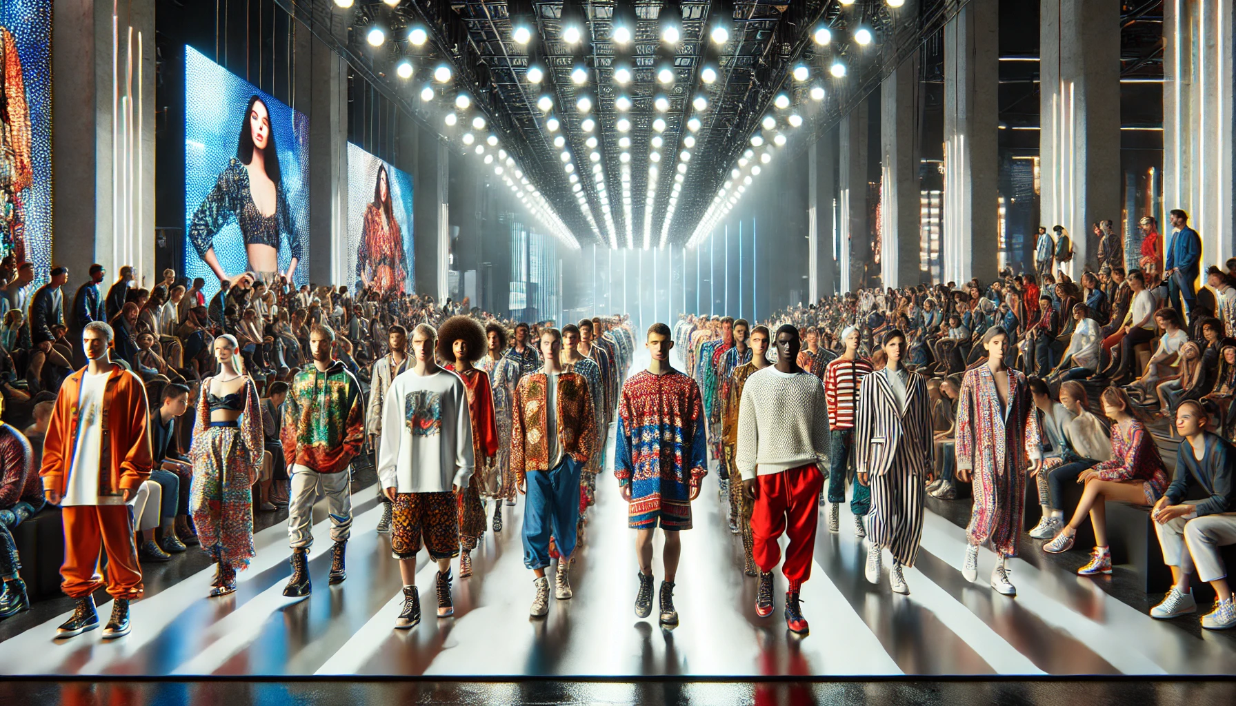 a fashion show runway, featuring a diverse group of models showcasing vibrant and innovative designs, blending streetwear and high fashion, with a modern artistic background