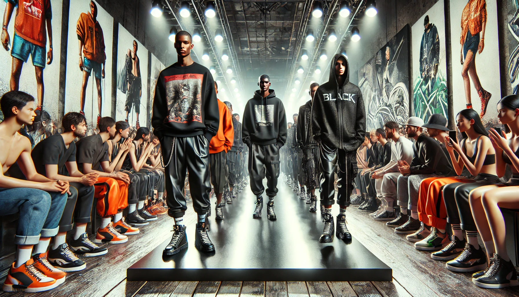a high-end fashion runway showcasing Black streetwear