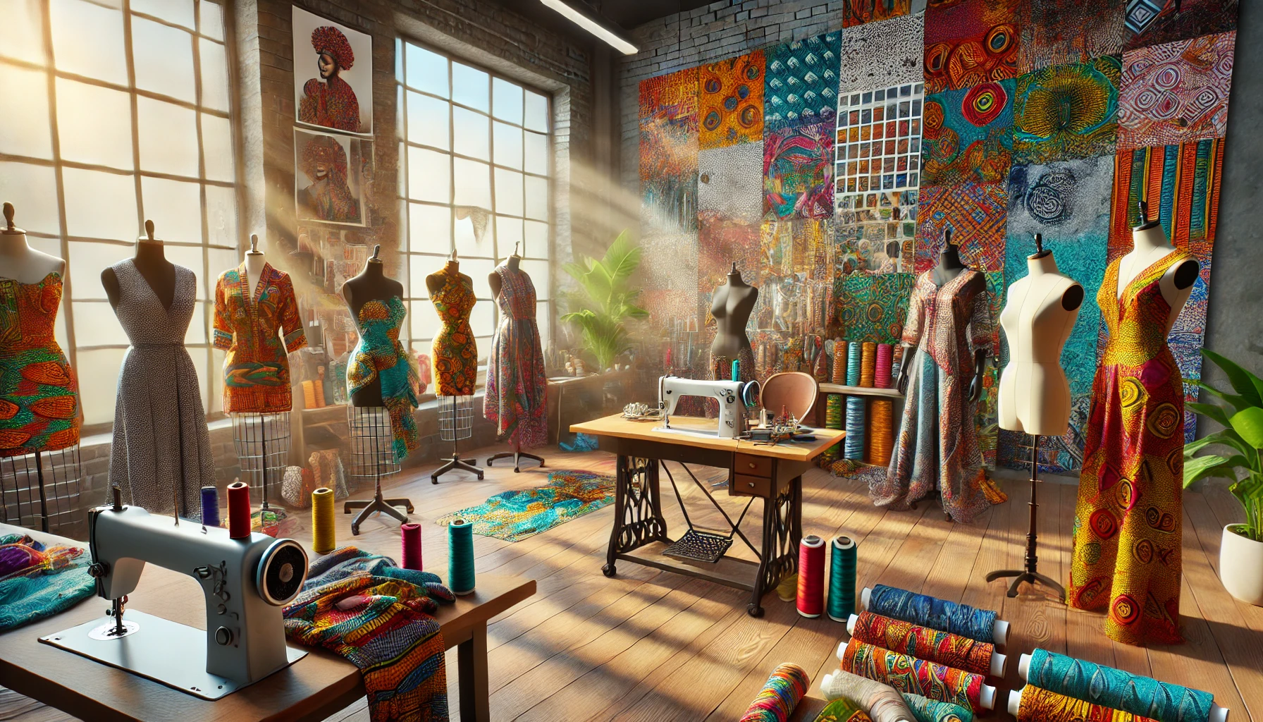 a vibrant fashion studio filled with colorful African prints