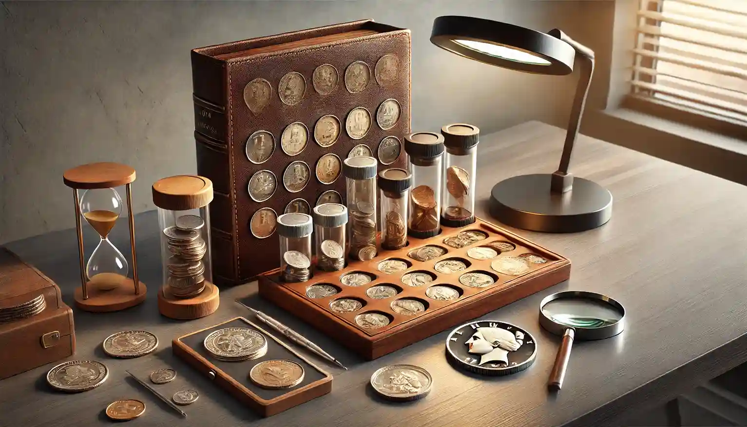 coin collecting accessories on a desk: a leather-bound coin album, airtight capsules holding vintage coins, a magnifying tool, and a wooden coin tray displaying a 1792 U.S. half dime and a 1921 Peace dollar.