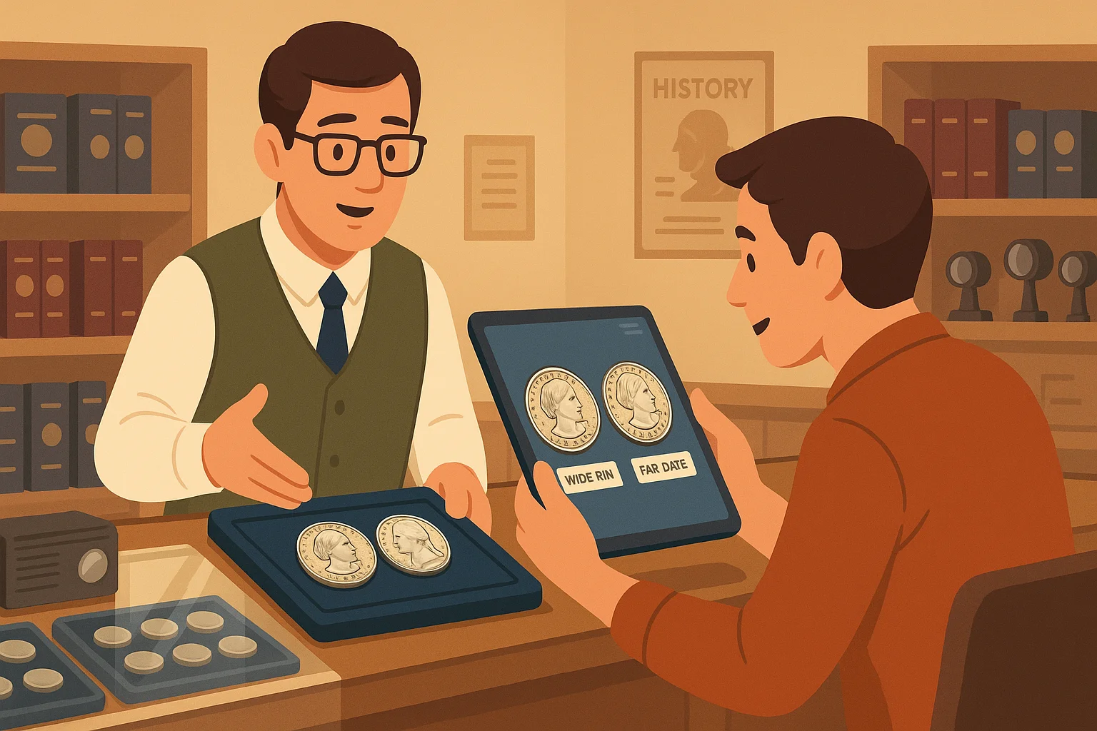 A worker of a coin shop shows different 1979 SBA dollars to a customer.